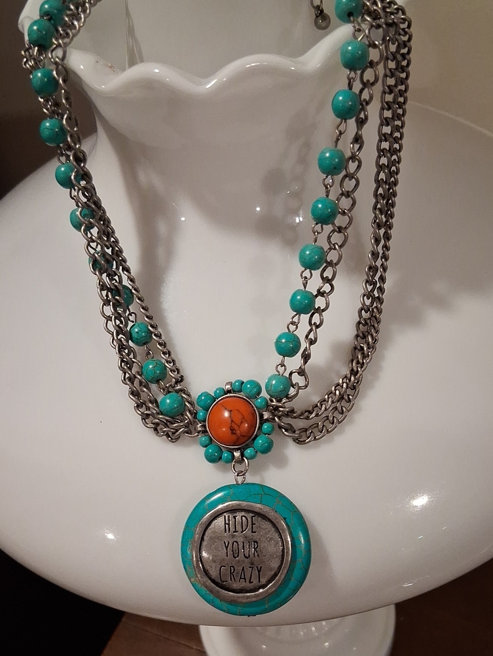 Turquoise Bead Multi-Chain Necklace with 'Hide Your Crazy' Pendant Silvertone